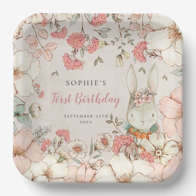 Cute Bunny Floral First Birthday Party Paper Plate (Front)