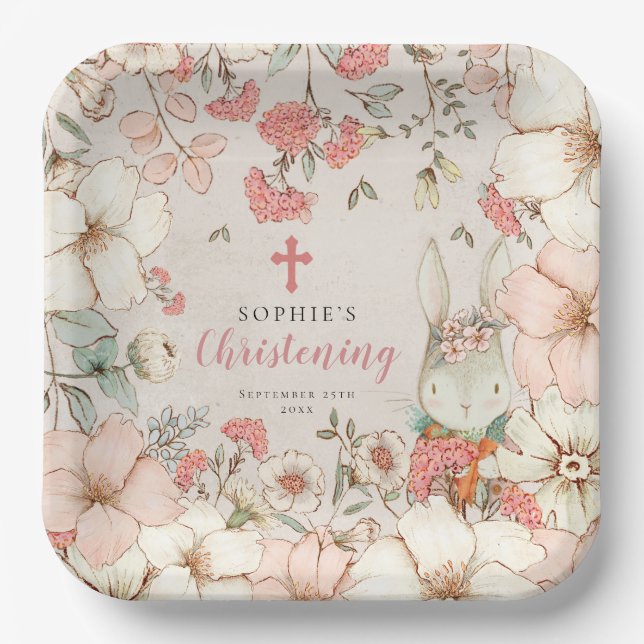 Cute Bunny Floral Foliage Girl Christening Paper Plate (Front)