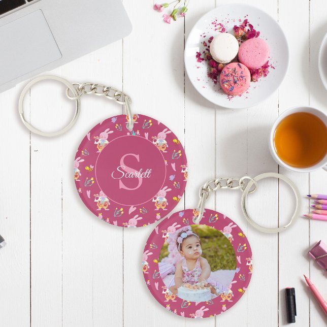 Cute Bunny Floral Pattern Monogram Photo Magenta Key Ring (Creator Uploaded)