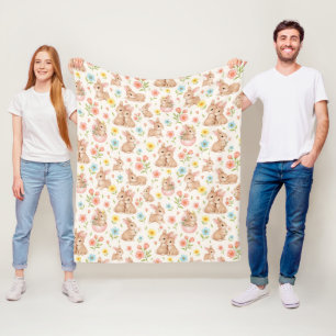 Cute Bunny Floral Spring Pattern Fleece Blanket