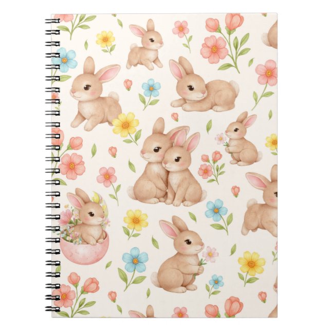 Cute Bunny Floral Spring Pattern Notebook (Front)