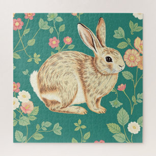 Cute Bunny Floral Teal Pattern Jigsaw Puzzle