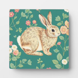Cute Bunny Floral Teal Pattern Plaque