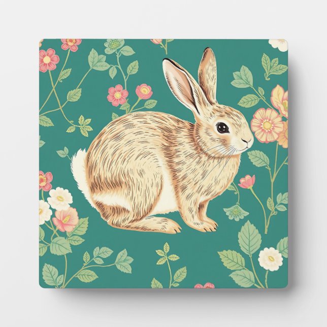 Cute Bunny Floral Teal Pattern Plaque (Front)