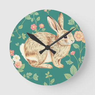 Cute Bunny Floral Teal Pattern Round Clock