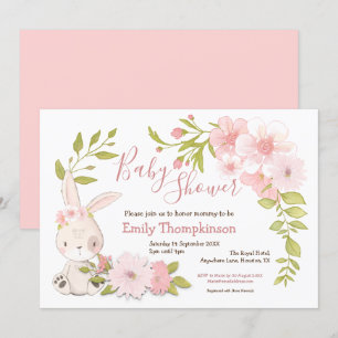 Cute Bunny Flowers Leaf Frame Girl Baby Shower Invitation