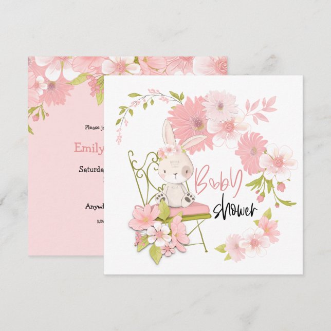 Cute Bunny Flowers White Pink Girl Baby Shower Invitation (Front/Back)