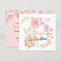 Cute Bunny Flowers White Pink Girl Baby Shower