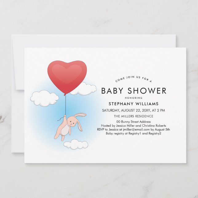 Cute Bunny Flying Heart Balloon Baby Shower Invite (Front)