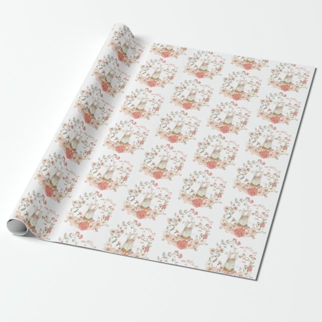 Cute Bunny Foliage Pattern Baby Girl Nursery Wrapping Paper (Unrolled)