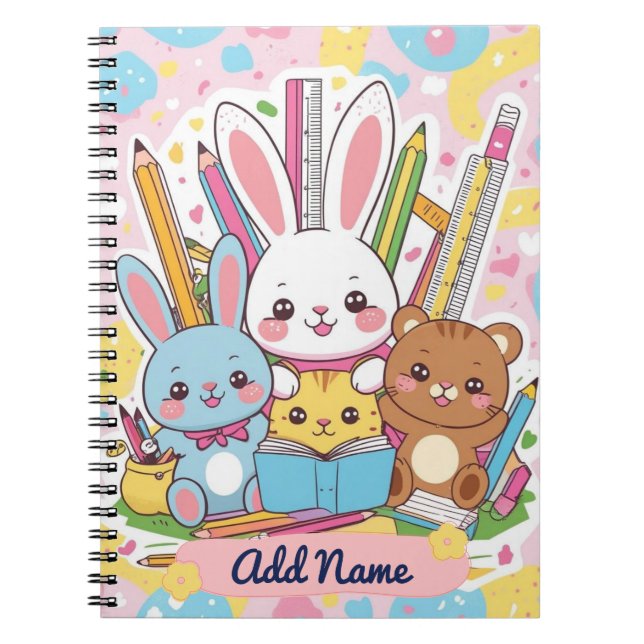Cute Bunny & Friends Notebook – Editable Name (Front)