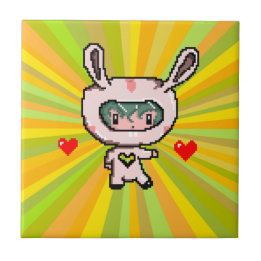 Cute Bunny girl 8 bit pixel art yellow psychedelic Tile