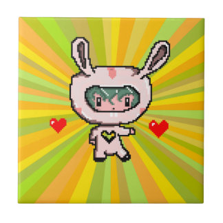 Cute Bunny girl 8 bit pixel art yellow psychedelic Tile
