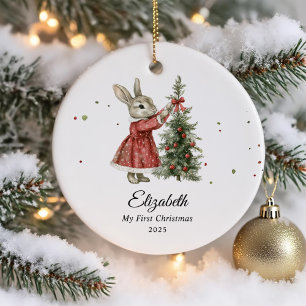Cute Bunny Girl Baby's First Christmas Photo Ceramic Tree Decoration
