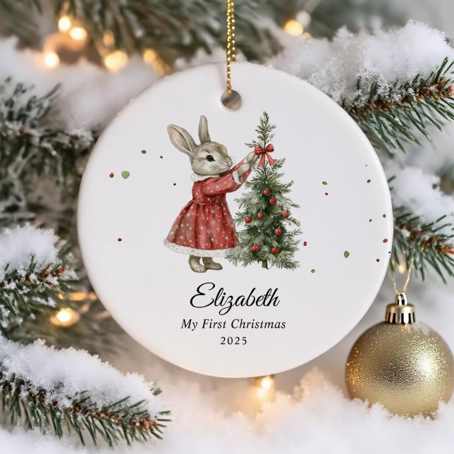 Cute Bunny Girl Baby's First Christmas Photo Ceramic Tree Decoration (Creator Uploaded)