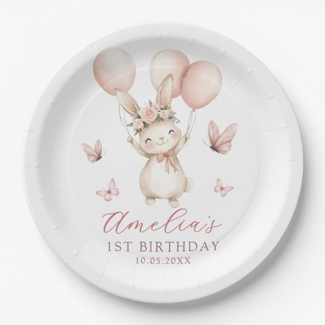 Cute Bunny Girl Birthday Party Paper Plates (Front)