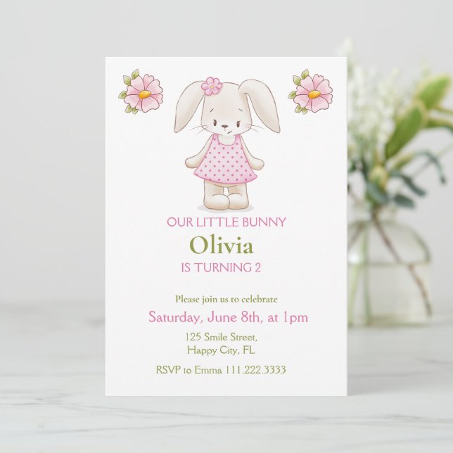 Cute Bunny Girl Birthday Party Pink Invitation (Standing Front)