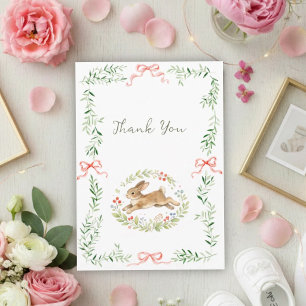 Cute Bunny Girl Floral Pink Bow Baby Shower  Thank You Card