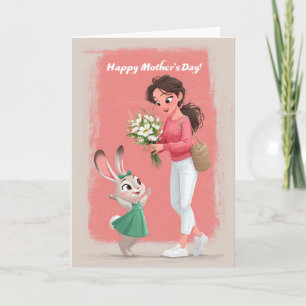 Cute Bunny Girl Giving Mother's Day Flowers to Mum Card