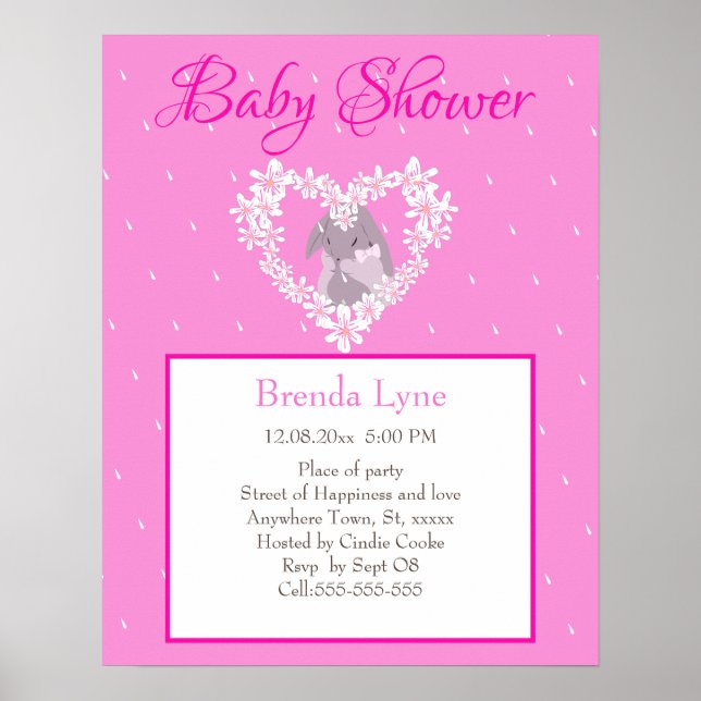 Cute Bunny Girl Pink Baby Shower invitation Poster (Front)