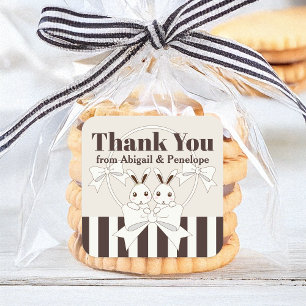 Cute Bunny Girl Twin Baby Shower / Birthday Favour Square Sticker