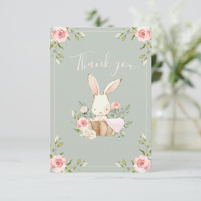 Cute Bunny Girls Sage Birthday Thank You Card (Standing Front)