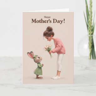 Cute Bunny Giving Mother's Day Flowers to Mama Card