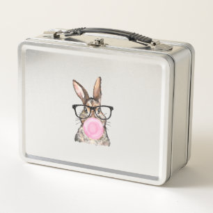 Cute Bunny Glasses Bubblegum Easter Day Girls Kids Metal Lunch Box