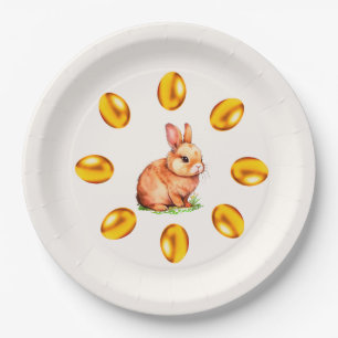 Cute Bunny & Golden Easter Eggs on Ivory Paper Plate