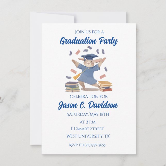Cute Bunny Graduation Party Invitations Blue (Front)