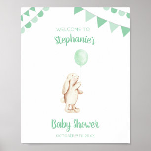 Cute Bunny & Green Balloon Watercolor Baby Shower Poster