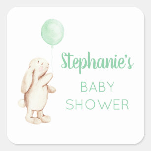 Cute Bunny & Green Balloon Watercolor Baby Shower Square Sticker