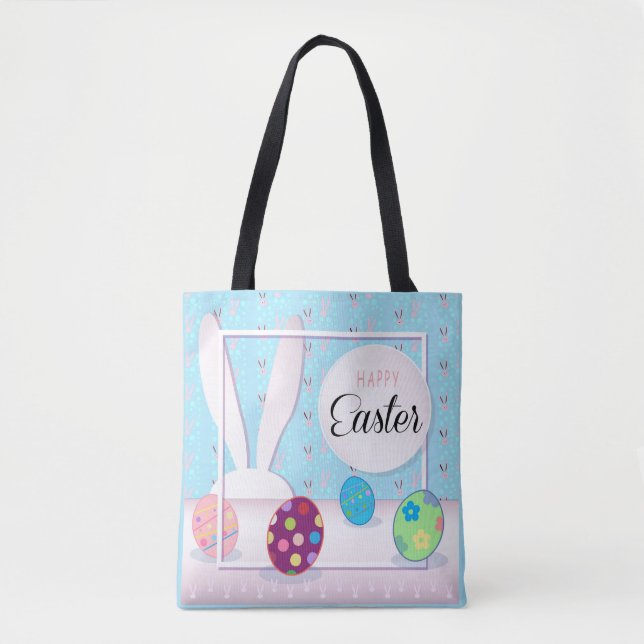 Cute Bunny Happy Easter Egg Hunt Party Spring Tote Bag (Front)