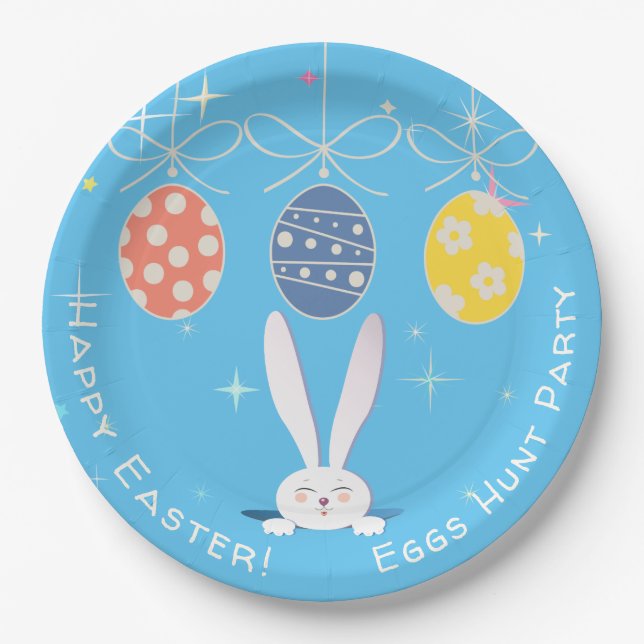 Cute Bunny Happy Easter Eggs Hunt Party Spring Paper Plate (Front)