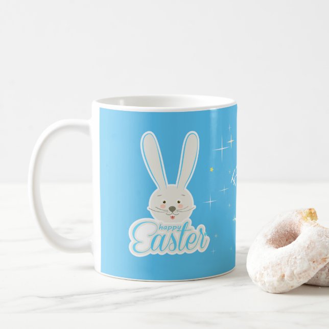 Cute Bunny Happy Easter Eggs Hunt Party Spring Tre Coffee Mug (With Donut)