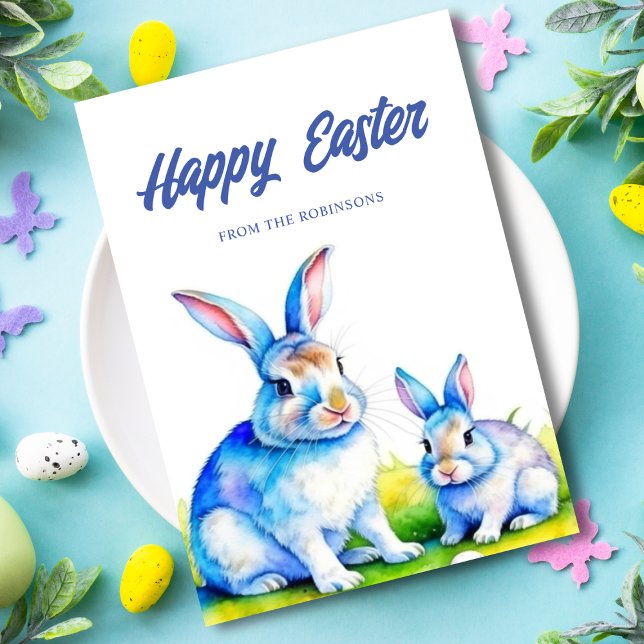 Cute Bunny Happy Easter Holiday Card (Happy easter card custom, cute bunny rabbit watercolor.)