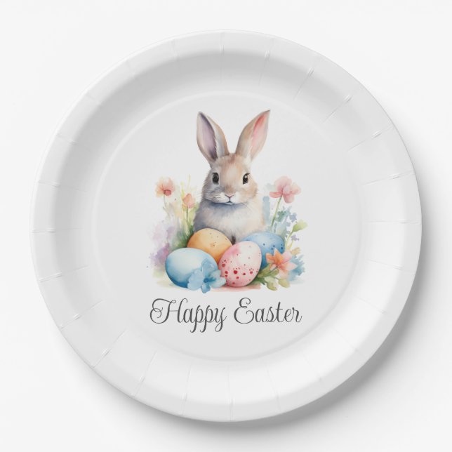 Cute Bunny Happy Easter Paper Plate (Front)