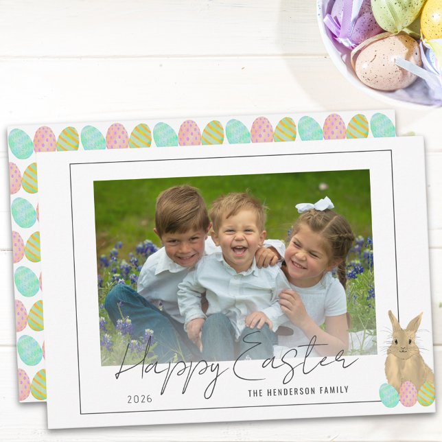 Cute Bunny Happy Easter Photo Holiday Card (Watercolor Easter bunny and eggs happy Easter photo holiday flat card)