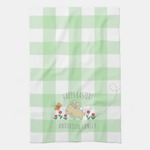 Cute Bunny Happy Easter Pink Flowers Green Plaid Tea Towel