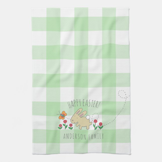Cute Bunny Happy Easter Pink Flowers Green Plaid Tea Towel (Vertical)