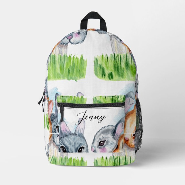 Cute Bunny Heads Spring Green Grass Personalised Printed Backpack (Front)