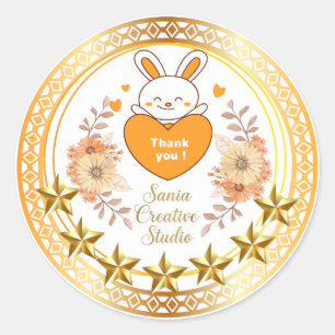 Cute Bunny Heart "Thank You" Gold Star Round Stick Classic Round Sticker