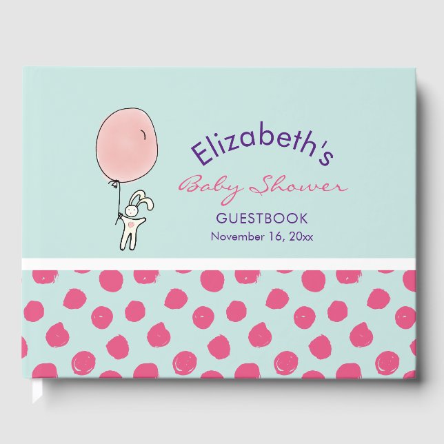 Cute Bunny Holding a Balloon Baby Shower Guest Book (Front)