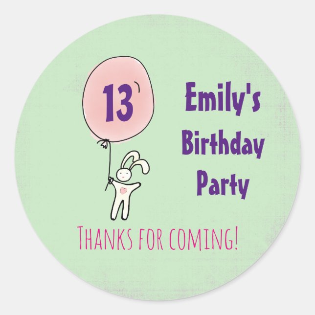 Cute Bunny Holding a Balloon Birthday Thank You Classic Round Sticker (Front)