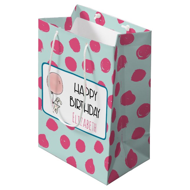 Cute Bunny Holding a Balloon Happy Birthday Medium Gift Bag (Front Angled)