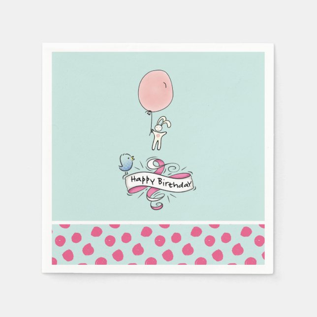 Cute Bunny Holding a Balloon Happy Birthday Napkin (Front)