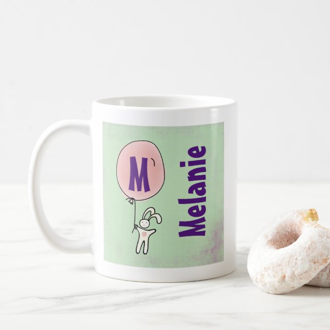 Cute Bunny Holding a Balloon Monogram Coffee Mug (With Donut)