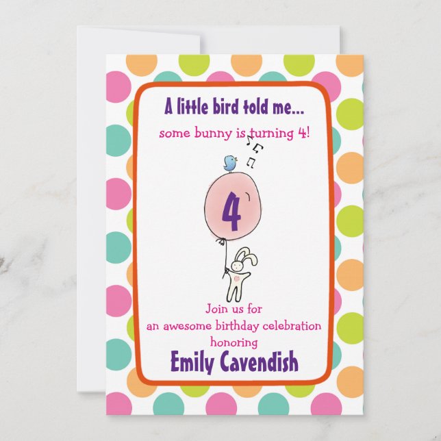 Cute Bunny Holding a Balloon Polka Dot Birthday Invitation (Front)