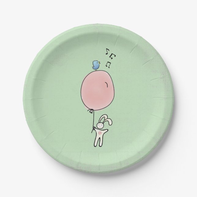 Cute Bunny Holding a Balloon with a Bird on Top Paper Plate (Front)