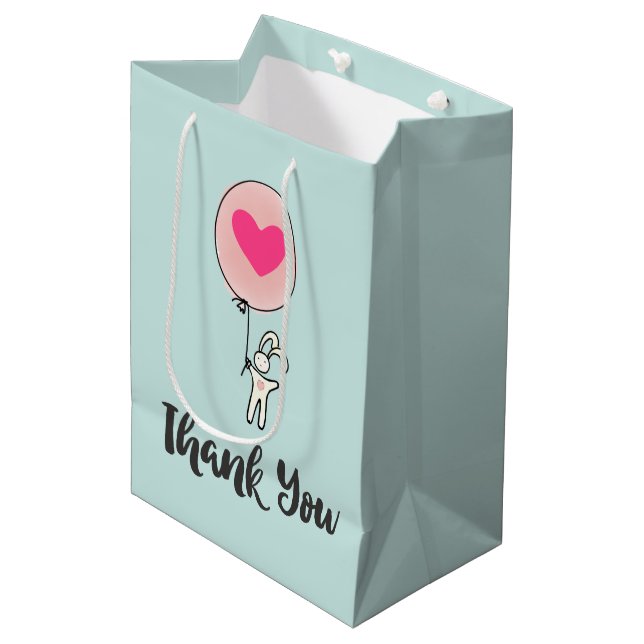 Cute Bunny Holding a Balloon with Heart Thank You Medium Gift Bag (Front Angled)